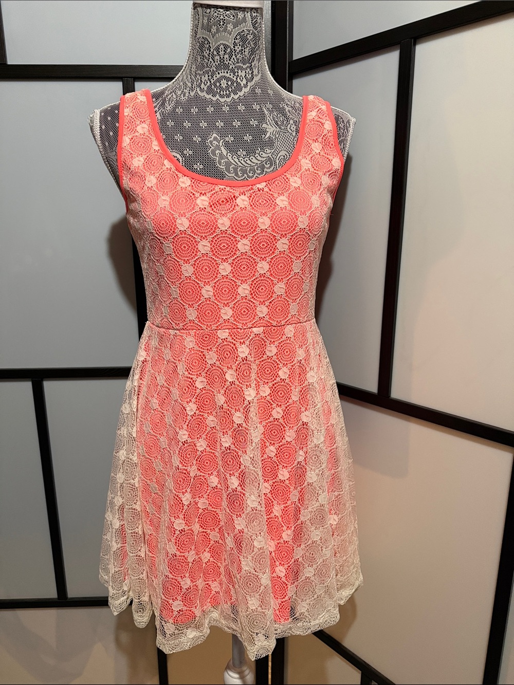 Coral Scoop Neck Lace-Overlay Mini Dress